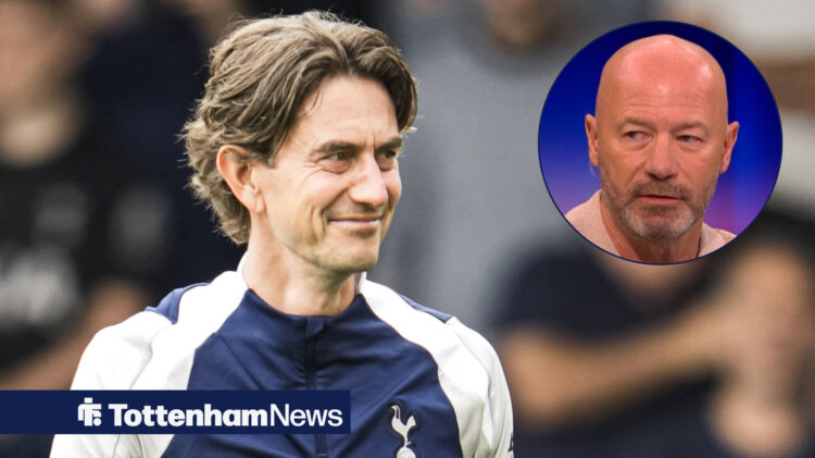 Tottenham manager Thomas Frank smiles across at Alan Shearer, who glances back from a circular inset.