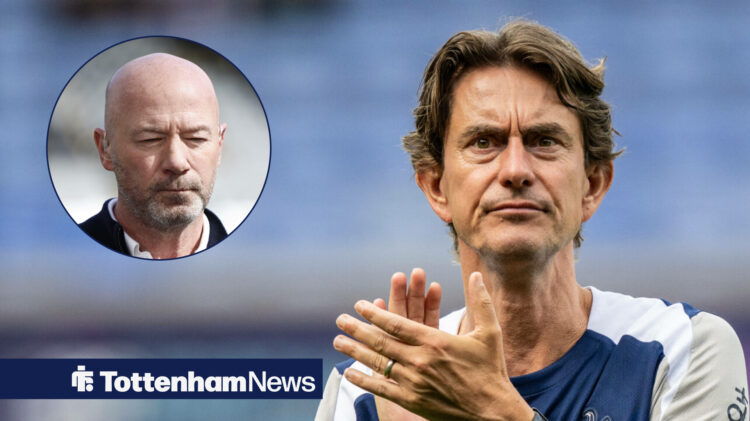 Thomas Frank clapping during Tottenham pre-season and pundit Alan Shearer in circular inset