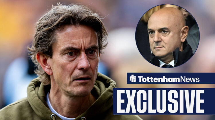 Tottenham News exclusive as manager Thomas Frank stares angrily at Daniel Levy, who meets his gaze from a circular inset.