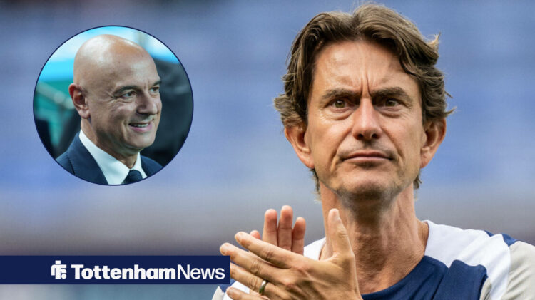 Tottenham manager Thomas Frank applauds as chairman Daniel Levy smiles across from a circular inset.