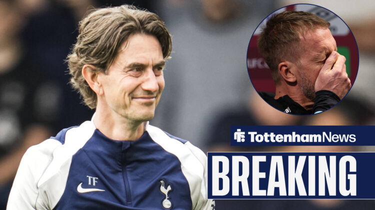 Breaking News as Tottenham manager Thomas Frank smiles while West Ham boss Graham Potter places his palm over his face.