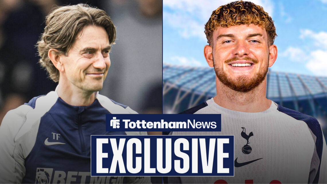 Tottenham manager Thomas Frank smiles at Spurs-linked midfielder Harvey Elliott.