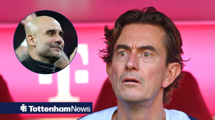 Pep Guardiola smiles at Thomas Frank.
