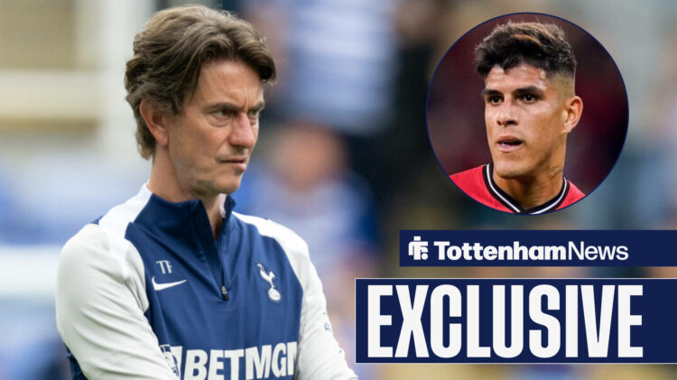 Tottenham News exclusive as manager Thomas Frank looks inquisitively at Piero Hincapie.