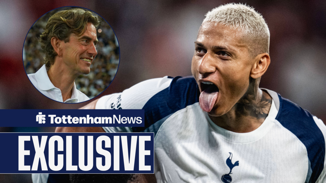 Tottenham boss Thomas Frank smiling as Richarlison celebrates.