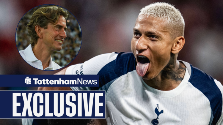 Tottenham boss Thomas Frank smiling as Richarlison celebrates.