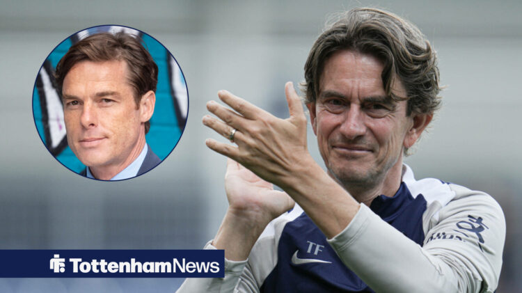 Tottenham manager Thomas Frank applauds as Burnley boss Scott Parker watches on.