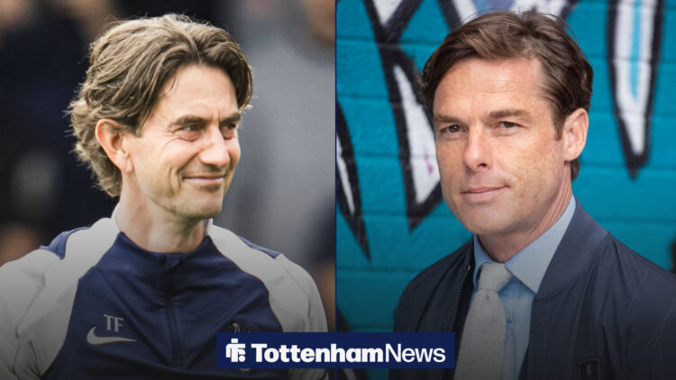 Tottenham manager Thomas Frank smiles at Burnley boss Scott Parker.