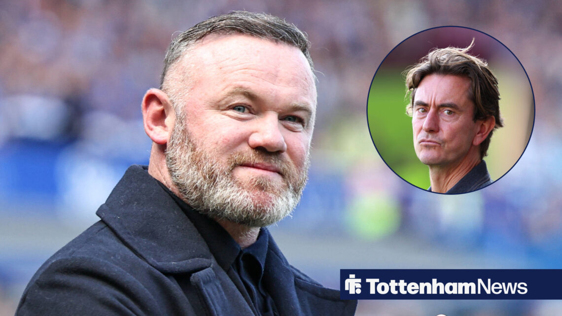 England legend Wayne Rooney smiling and Tottenham manager Thomas Frank.