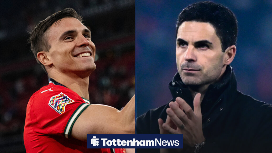 Joao Palhinha smiling and looking toward Mikel Arteta