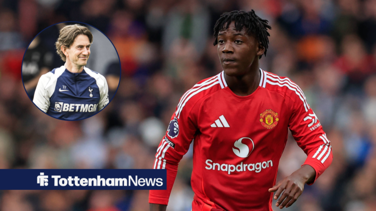 Manchester United midfielder Kobbie Mainoo and Tottenham manager Thomas Frank in circular insets.