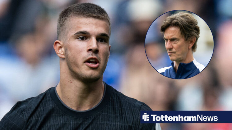 Thomas Frank in a circle looking at Tottenham defender Luka Vuskovic