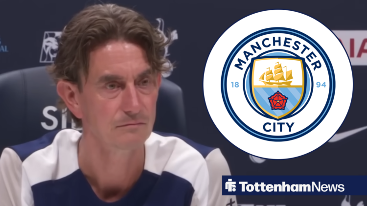 Tottenham manager Thomas Frank speaking in a press conference alongside a Manchester City badge