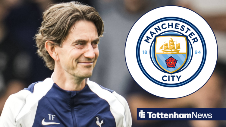 Tottenham manager Thomas Frank smiling looking at a Manchester City badge in a circle