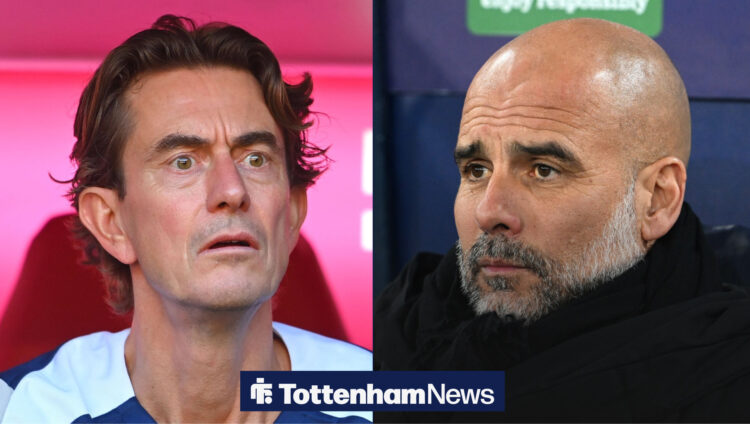 Tottenham coach Thomas Frank watching intently in the dugout and Manchster City manager Pep Guardiola looking serious on the sidelines in split fea...