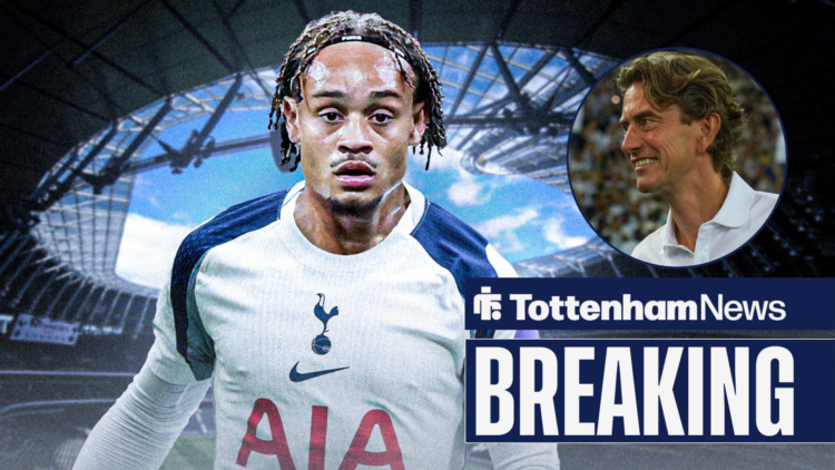 Breaking News as Tottenham star Xavi Simons is grinned at by Thomas Frank from a circular inset.
