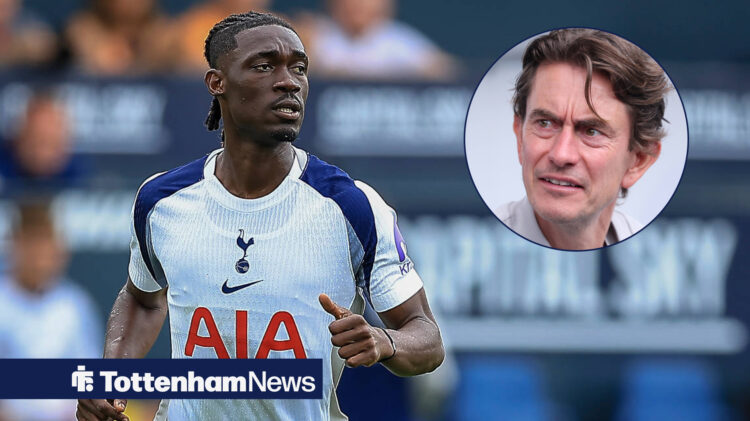 Tottenham manager Thomas Frank glances frustratedly across at Yves Bissouma from a circular inset.