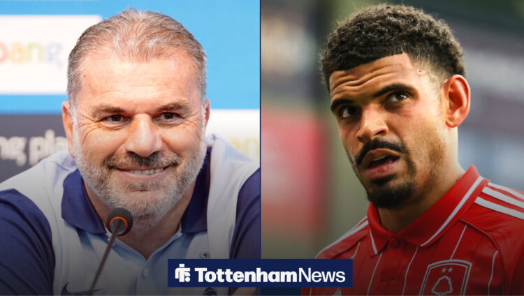 Ange Postecoglou in a Tottenham press conference on the left. Morgan Gibbs-White in a Nottingham Forest kid on the right.