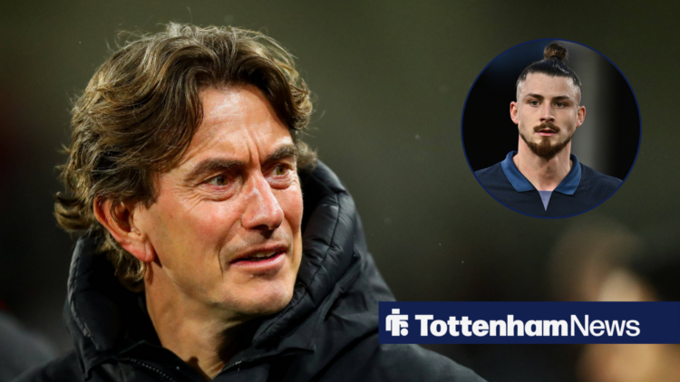 Tottenham manager Thomas Frank looking at a circle inset of Radu Dragusin.
