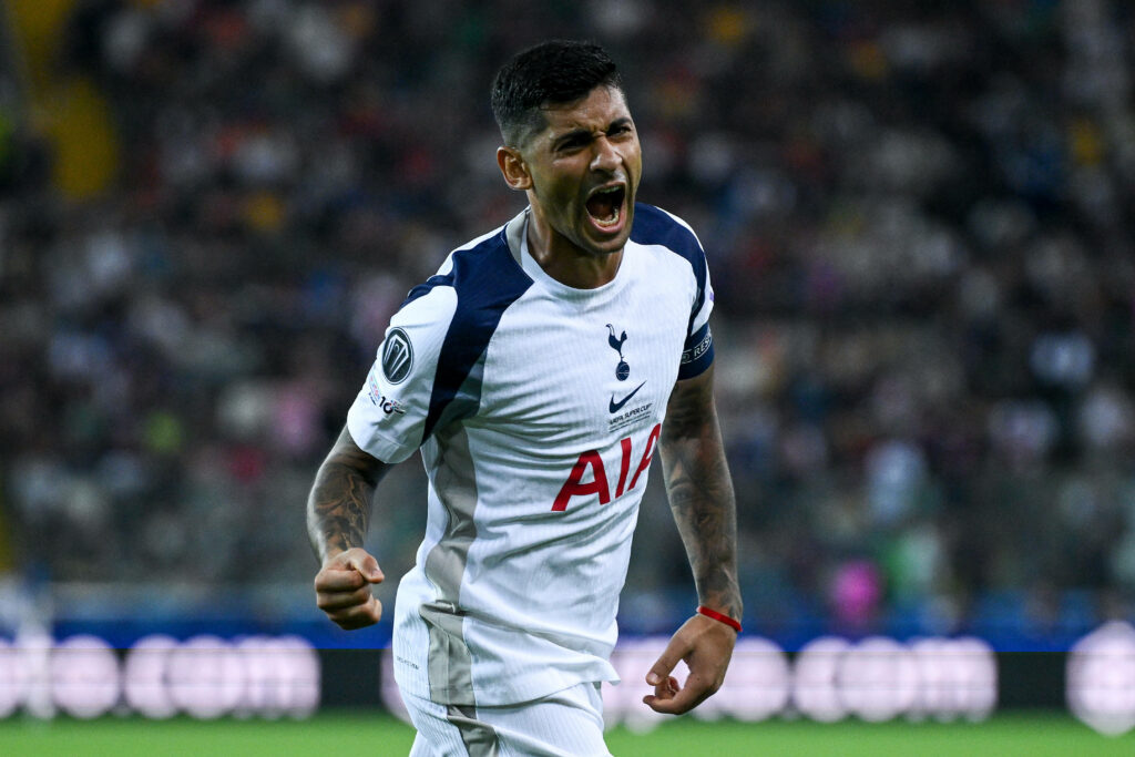 Tottenham's Cristian Romero celebrates his goal against PSG