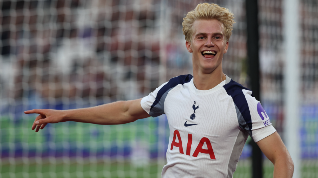 Tottenham star Lucas Bergvall celebrates a goal during a Premier League win over West Ham.