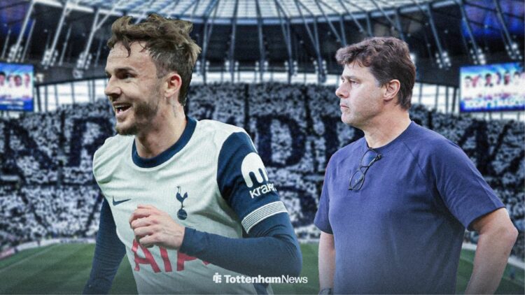 Tottenham star james Maddison celebrates a goal, as former Spurs manager Mauricio Pochettino stands in the background looking confused.