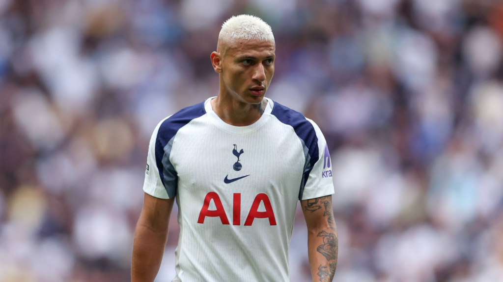 Tottenham striker Richarlison looks frustrated during a game.