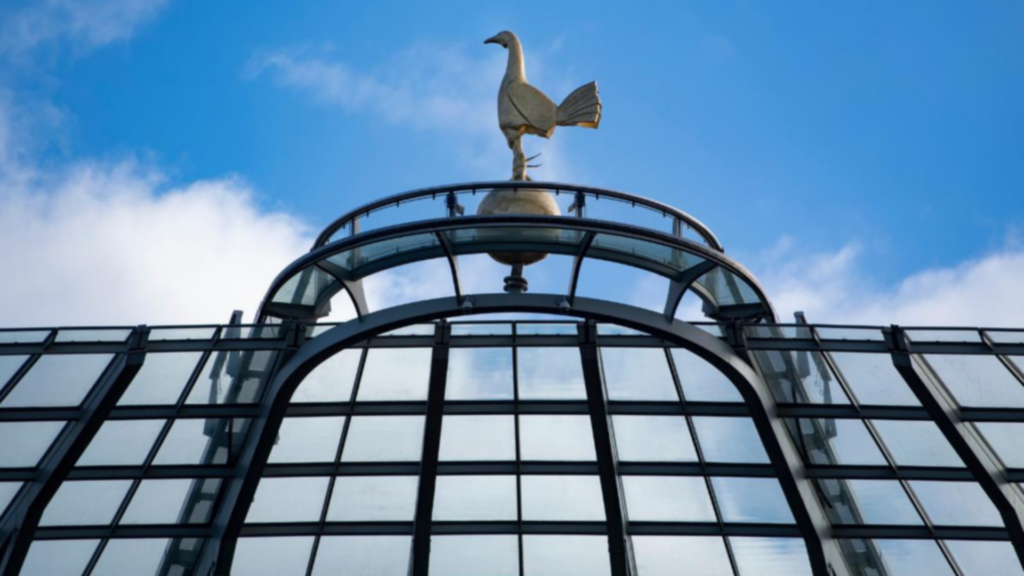 A close-up shot of the cockerel on the roof of the Tottenham Hotspur Stadium.