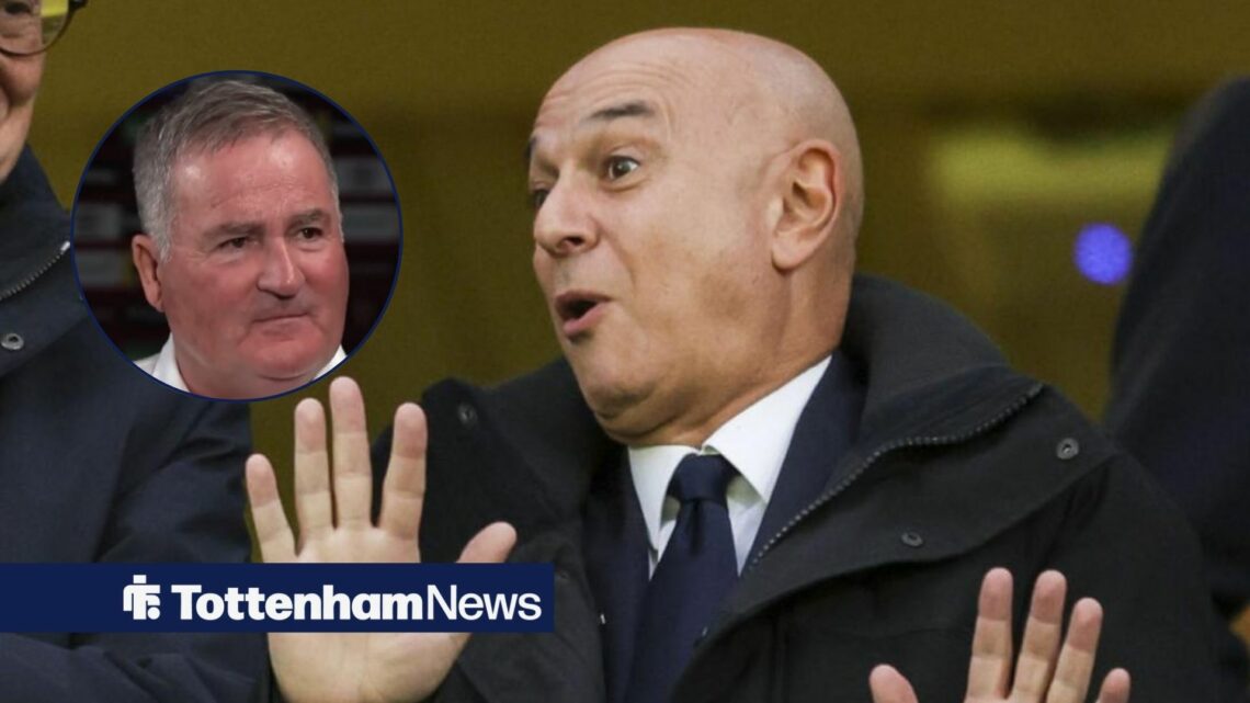 Daniel Levy raises his hands in a comical pose with Richard Keys in a circular inset.