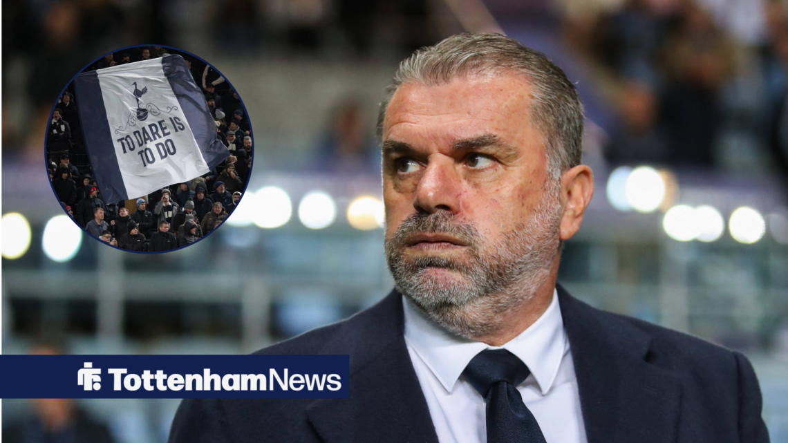 Ange Postecoglou standing alongside a circle inset of Tottenham fans.