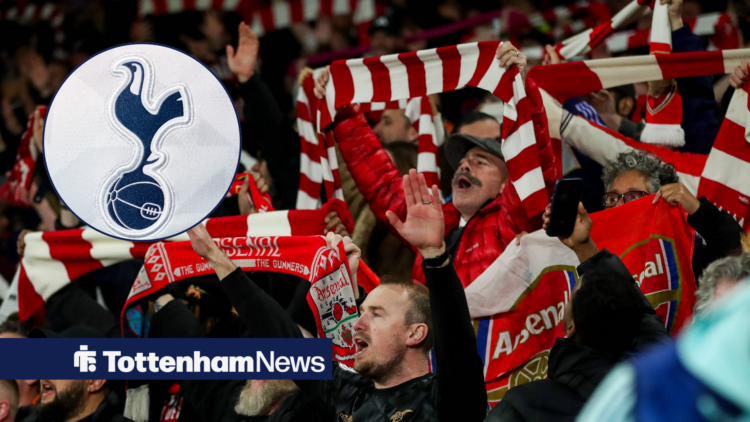Arsenal fans sing with Tottenham badge in circular inset.