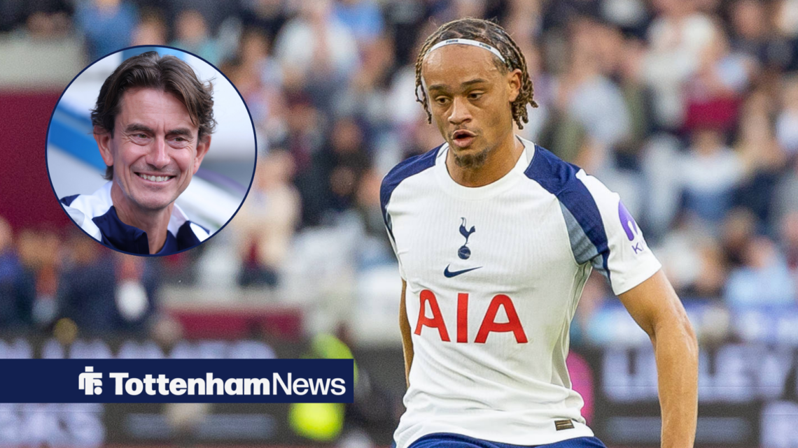 Xavi Simons makes his Tottenham debut at the London Stadium in a 3-0 win versus West Ham. To his left is a circle with Thomas Frank in it.