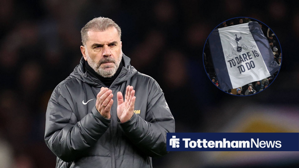 Ange Postecoglu alongside a circle inset of the Tottenham badge and motto