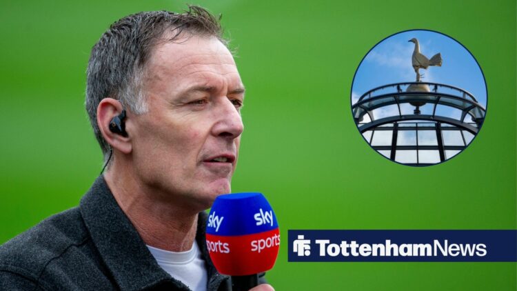 Chris Sutton with a microphone in his hand, with a Tottenham Hotspur Stadium image in a circular frame