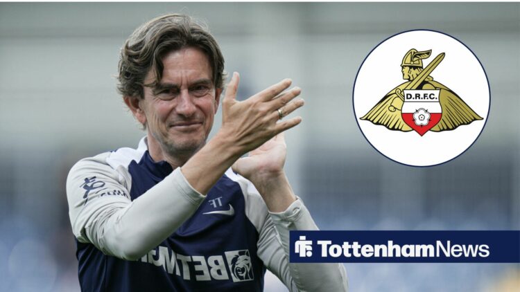 Thomas Frank towards the Doncaster Rovers badge in a circular inset.