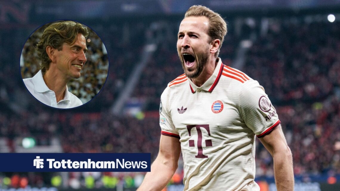 Harry Kane celebrates at Thomas Frank in a circular inset.
