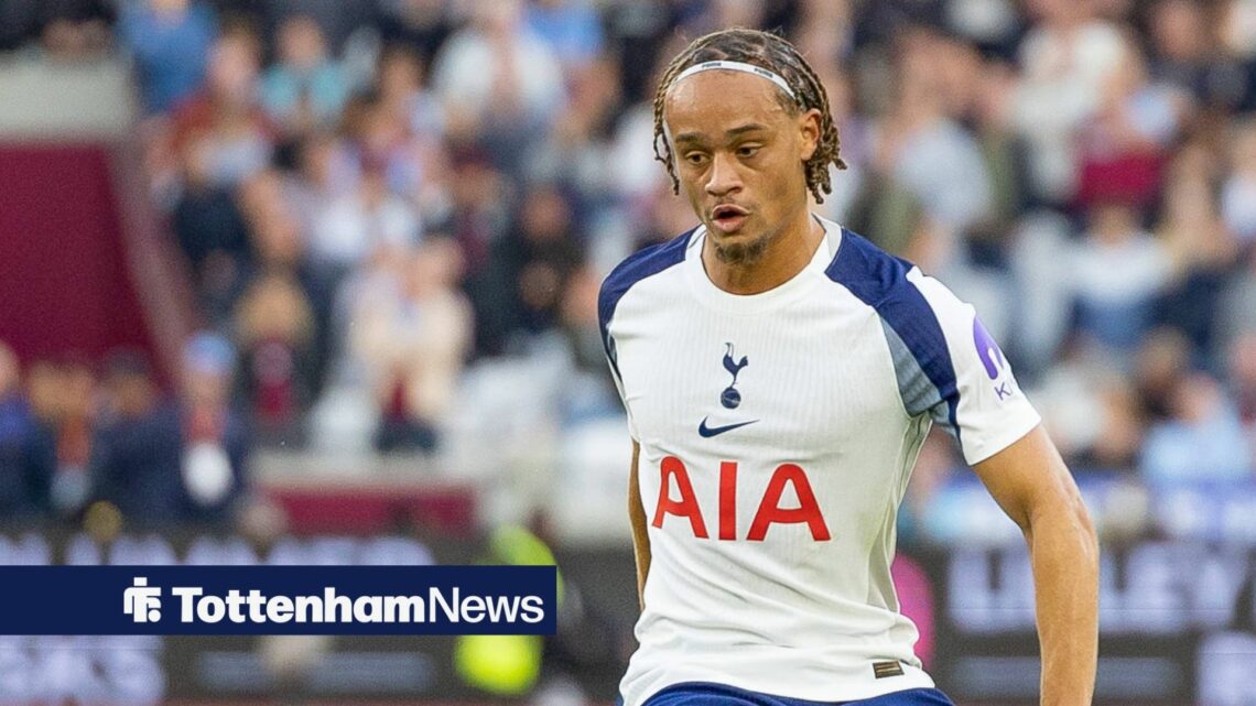 Xavi Simons in action for Tottenham at the London Stadium in a match vs West Ham.