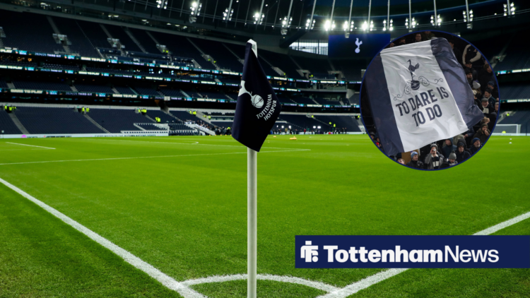 Tottenham Hotspur Stadium, with Spurs fans holding up a banner in circular frame