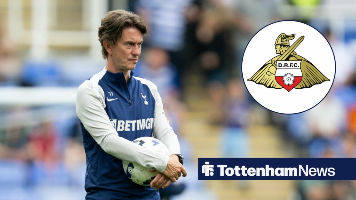 Thomas Frank looks towards the Doncaster Rovers badge in a circular inset.