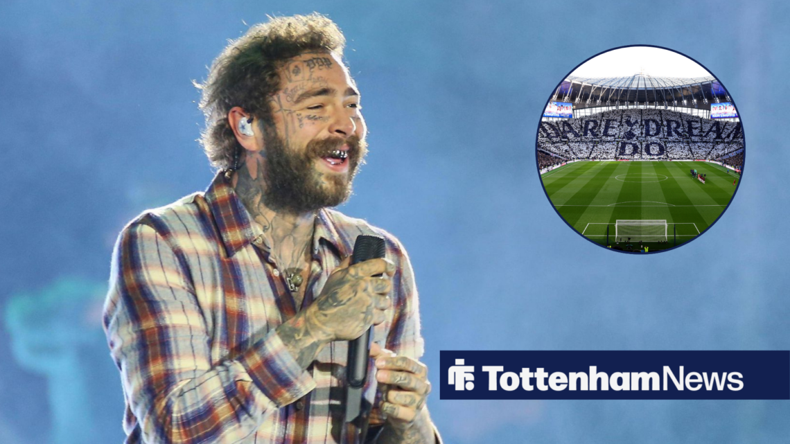 Post Malone sings, with Tottenham Hotspur Stadium in a circular frame