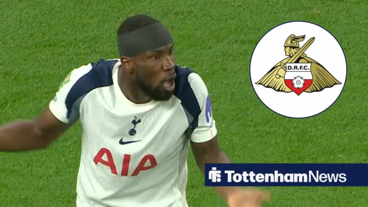 Kevin Danso looks furious at the Doncaster Rovers badge in a circular inset.