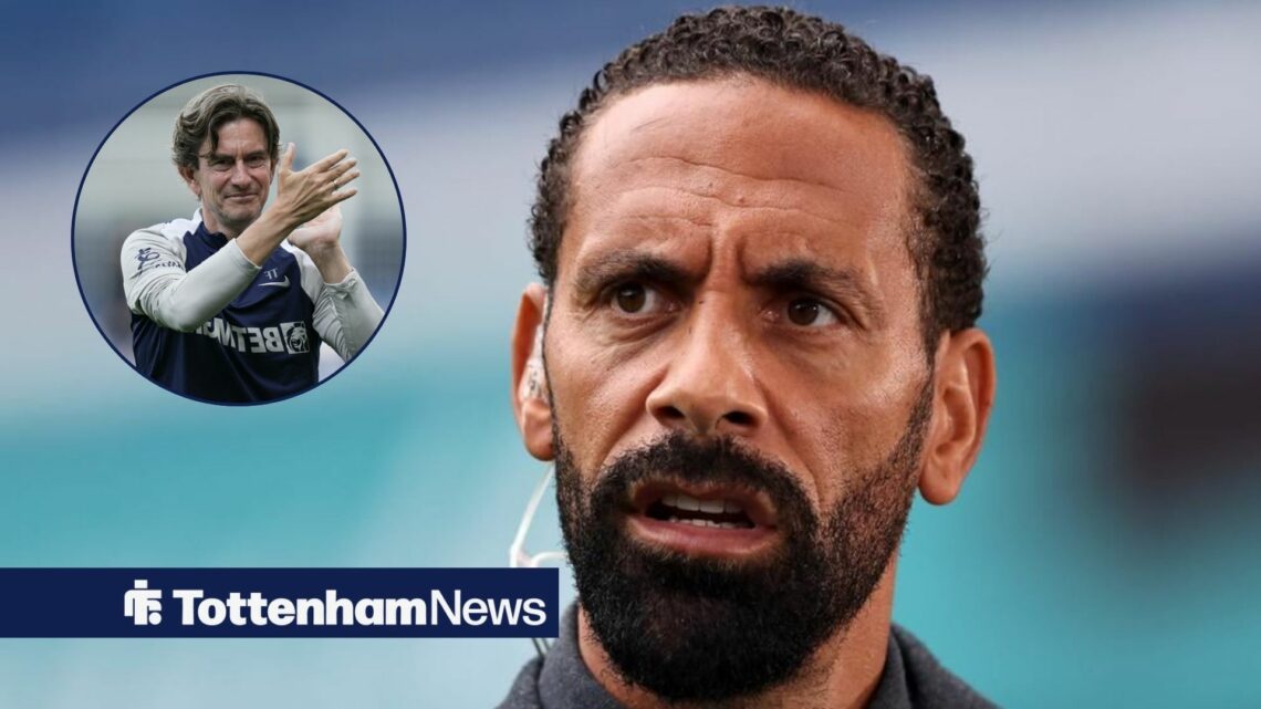 Rio Ferdinand talks into a microphone with Thomas Frank in a circular inset.