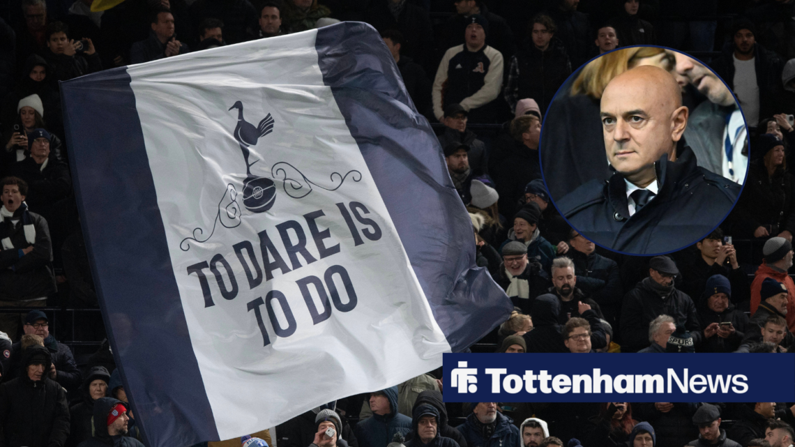 A circle inset of Daniel Levy with Tottenham fans in the background