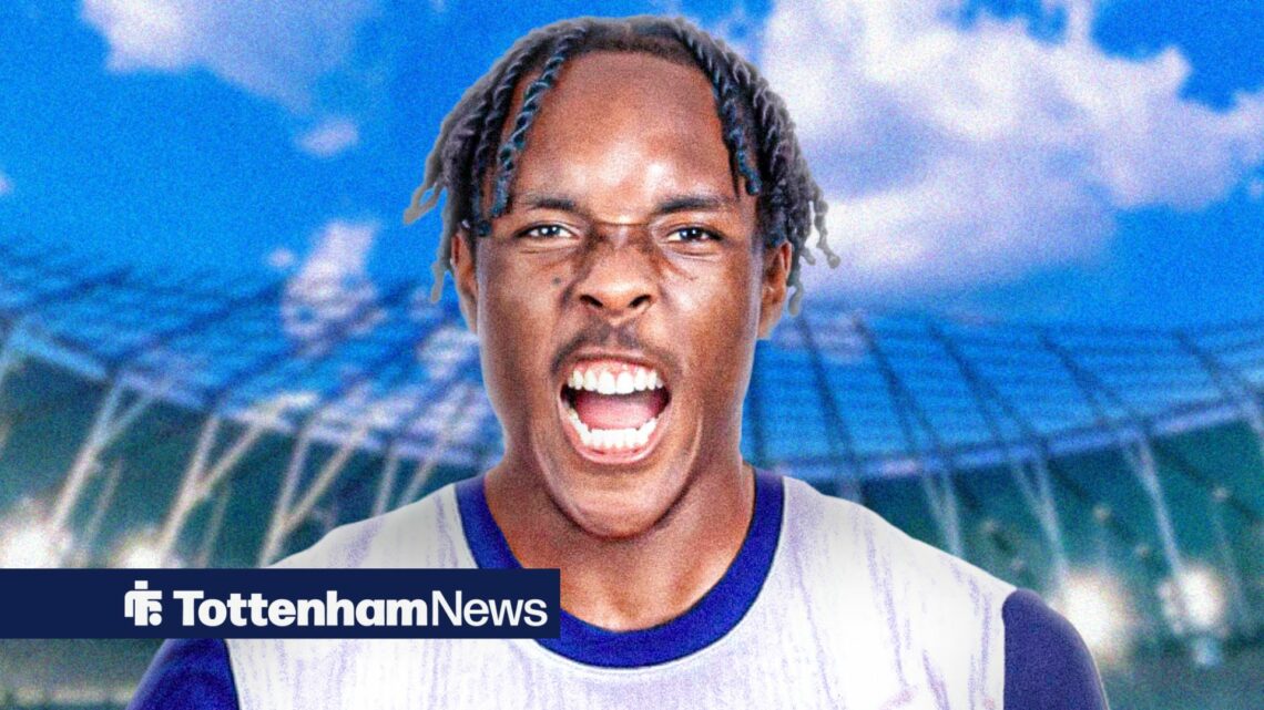 Mathys Tel shouts in front of the Tottenham Hotspur Stadium.