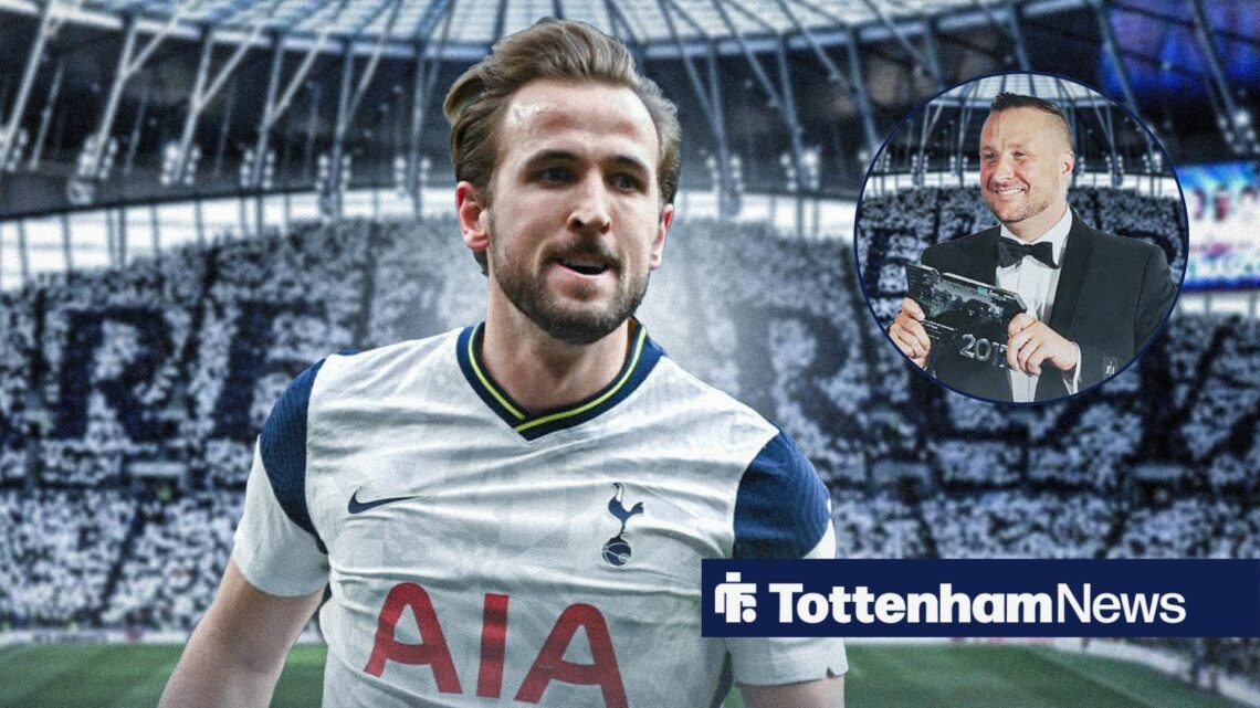 Harry Kane in front of the Tottenham Hotspur Stadium with Brookyln Earick in a circular inset.