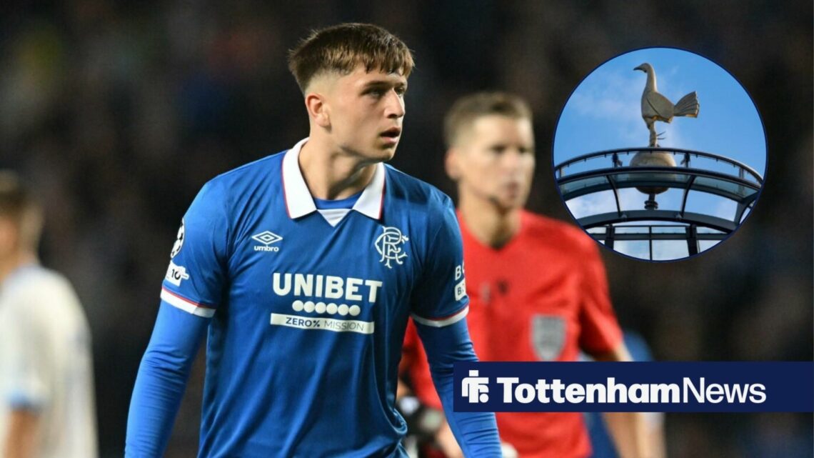 Mikey Moore looks towards the Tottenham cockerel in a circular inset.