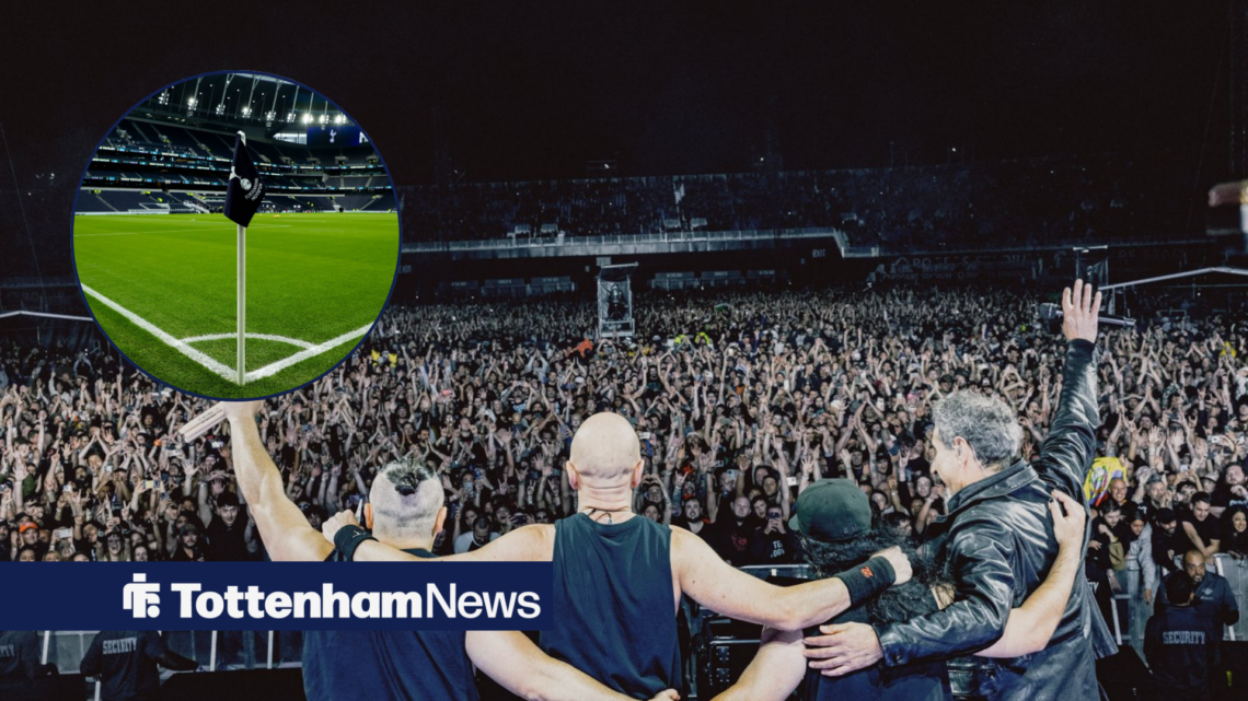 System Of A Down at concert alongside a circle inset of the Tottenham corner flag.