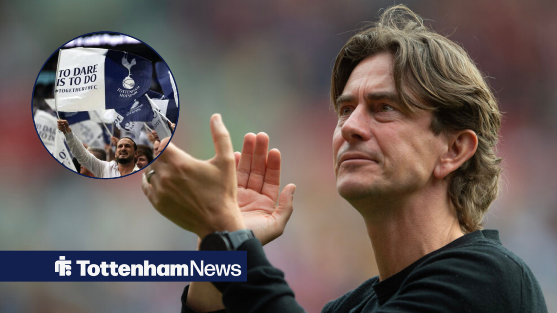 Thomas Frank alongside a circle inset of Tottenham fans.