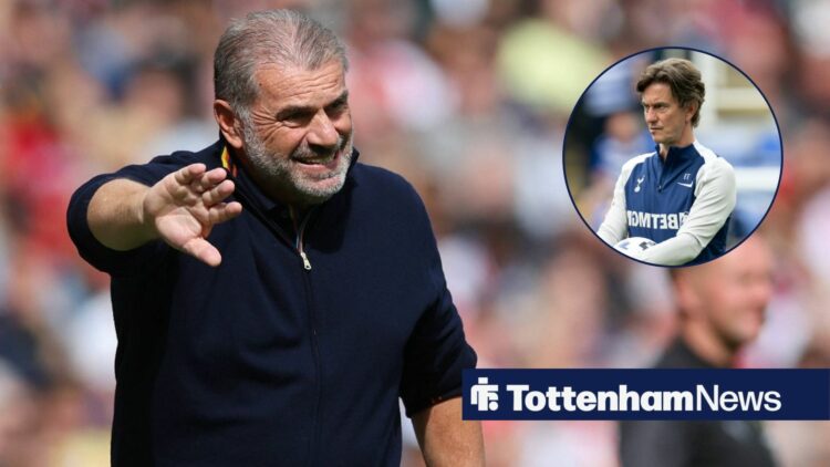 Ange Postecoglou winces with his arm out with Thomas Frank in a circular inset.