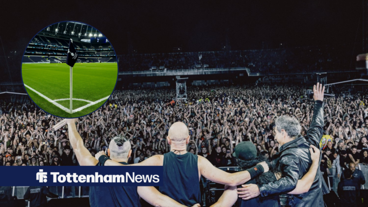 System Of A Down at concert alongside a circle inset of the Tottenham corner flag.